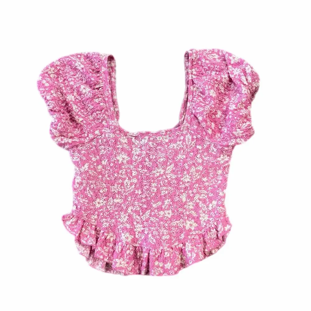 Free People Oh Baby Pink White Corset Puff Sleeve Ruffle Lace Eyelet Blouse Top
